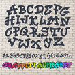 Alphabet graffity vector alphabetical font ABC by brush stroke with letters and numbers or grunge alphabetic typography illustration isolated on brick wall background
