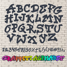 Alphabet Graffity Vector Alphabetical Font ABC By Brush Stroke With Letters And Numbers Or Grunge Alphabetic Typography Illustration Isolated On Brick Wall Background