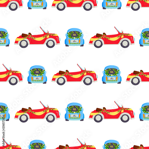 Wedding fashion transportation auto seamless pattern background ceremony brid...