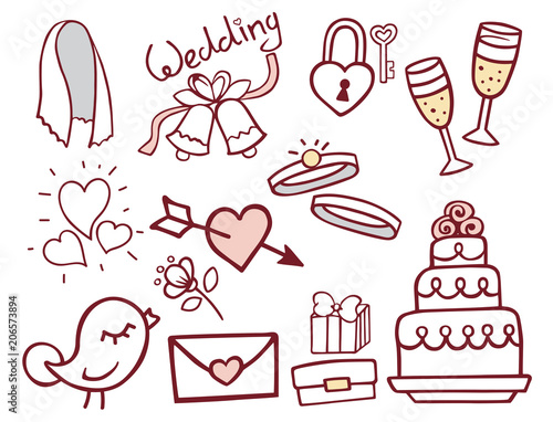 Wedding outline hand drawn icons vector illustration married celebration musi...