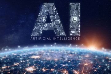 Artificial Intelligence technology concept, AI circuit board, microchip, Earth network