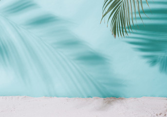 Summer concept. Palm tree shadow on a blue  background.