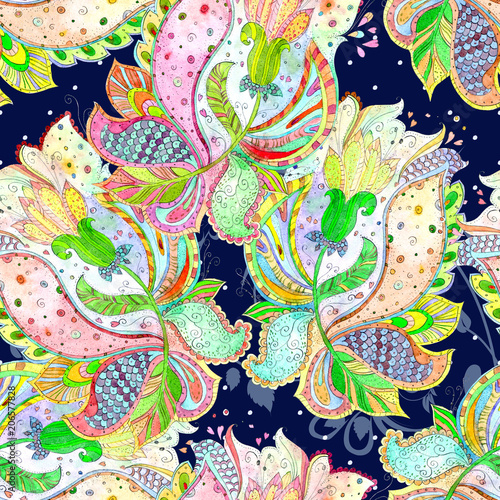 Papel de parede fashion seamless texture with magic flowers. watercolor painting