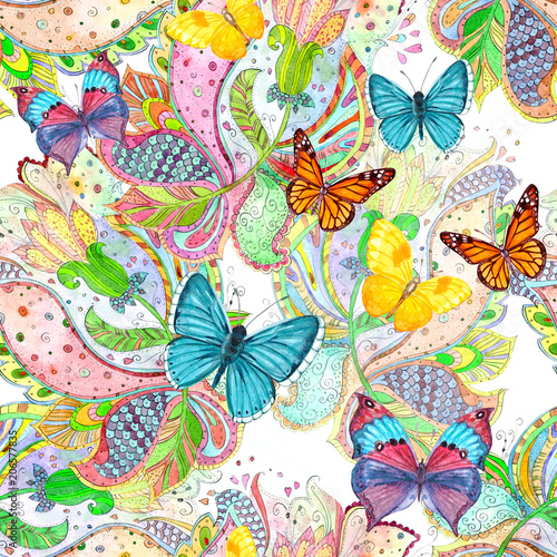 Tela ethnic seamless texture with magic flora and butterflies