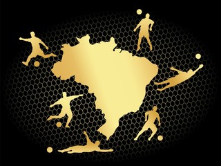 soccer football stadium field with player silhouettes set on gold brazil map flat background. poster