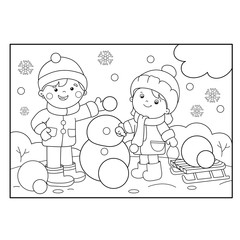 Wall Mural - Coloring Page Outline Of cartoon boy with girl making snowman together. Winter. Coloring book for kids