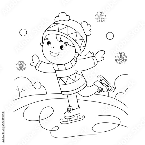 Coloring Page Outline Of cartoon girl skating. Winter
