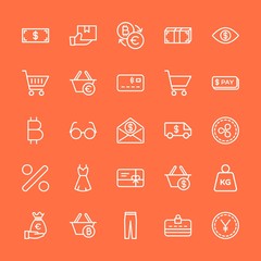 Modern Simple Set of clothes, money, shopping Vector outline Icons. Contains such Icons as  usd,  cash,  bitcoin, card,  trolley,  post and more on orange background. Fully Editable. Pixel Perfect.