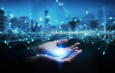 Poster - Businesswoman using flying network connection 3D rendering