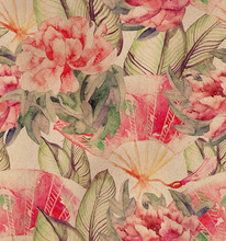  Vintage Asian Seamless Pattern Watercolor Stock Image In Asian Style. Fan, Sakura Branch. 