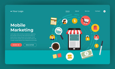 Wall Mural - mock-up design website flat design concept digital marketing. mobile marketing. vector illustration.