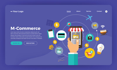Wall Mural - mock-up design website flat design concept digital marketing. m-commerce mobile shopping. vector ill