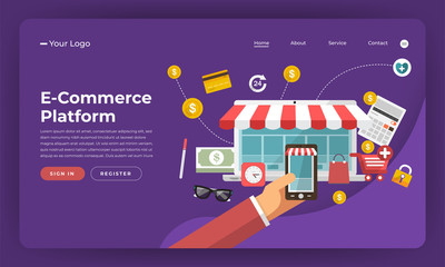 Wall Mural - mock-up design website flat design concept digital marketing. e-commerce platform. vector illustrati