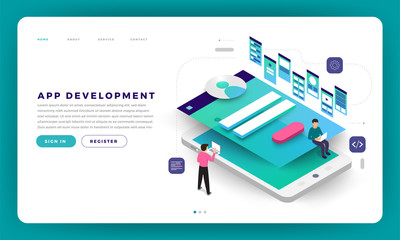 Wall Mural - Mock-up design website flat design concept app development with developer coding and working together. Vector illustration.