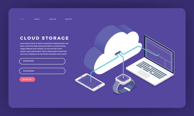 Wall Mural - Mock-up design website flat design concept cloud computing technology users network configuration isometric. Vector illustration.