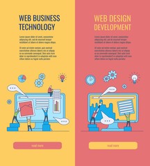 web development vertical banners set with people silhouette building website page, making design and