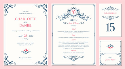 Wall Mural - Ornate wedding invitation, table number, menu and place card. Swirl floral templates. Classic vintage design.