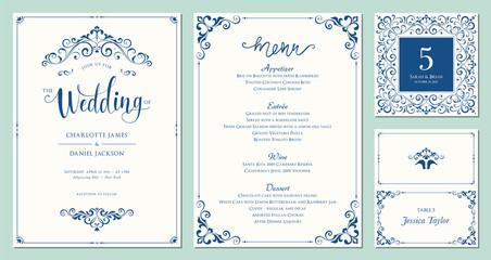 ornate wedding invitation, table number, menu and place card. swirl floral templates. classic vintag