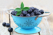 Freshly washed blueberries in blue aluminum colander on rustic wooden surface
