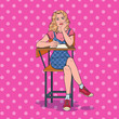 Pop Art Lazy Student Sitting on the Desk During Boring University Lecture. Tired Pretty Woman in College. Education Concept. Vector illustration