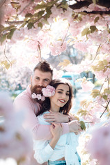 Wall Mural - Bearded man hugging smiling girl surrounded by pink petals of blooming tree. Happy couple on romantic date. Lovely girl with flowers in hair and cheerful man with blossom in beard in spring garden