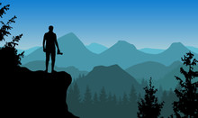 Vector landscape with a man standing on a cliff holding camera and watching blue misty mountains.