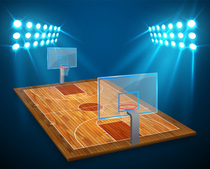 Wall Mural - An illustration of hardwood perspective Basketball arena field with bright stadium lights design. Vector EPS 10. Room for copy