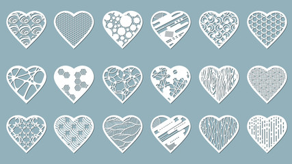 Set stencil hearts with carved pattern. Template for interior design, layouts wedding cards, invitations, etc. Image suitable for laser cutting, plotter cutting or printing.