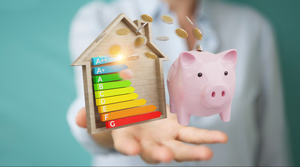 Wall Mural - businesswoman saving money with good energy chart rating 3d rendering