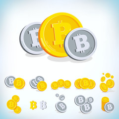 Bitcoin. 2D cartoon bit coin. Digital currency. Cryptocurrency. Golden coins with symbol isolated on white background. Stock vector illustration