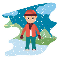 Wall Mural - boy with winter clothes and snowing weather