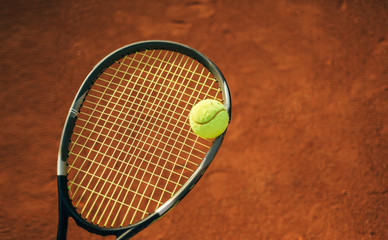 Wall Mural - Close up of tennis ball on the clay court