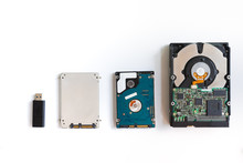 Storage Device Such As Hard Disk Drives, External Hard Drive, USB Flash Drive And Solit State Drive On White Background.