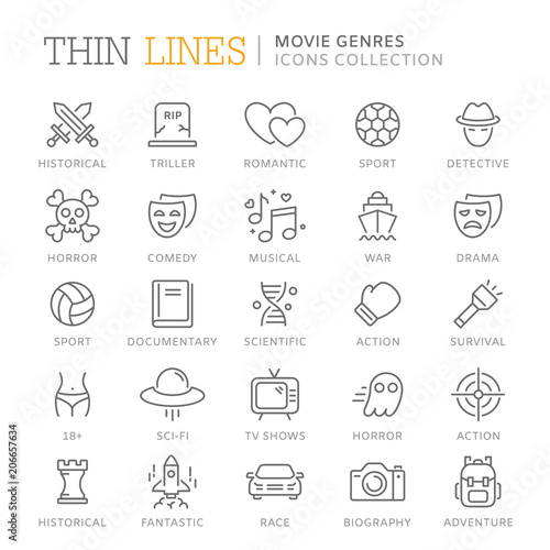 Fotomural Collection of movie genres thin line icons