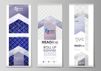 Wall Mural - Roll up banner stands, flat design templates, business concept, corporate vertical vector flyers, flag layouts. Shiny fabric, rippled texture, white and blue silk, colorful vintage style background.
