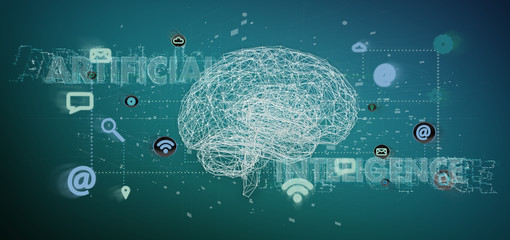 3d rendering artificial intelligence concpt with a brain and app