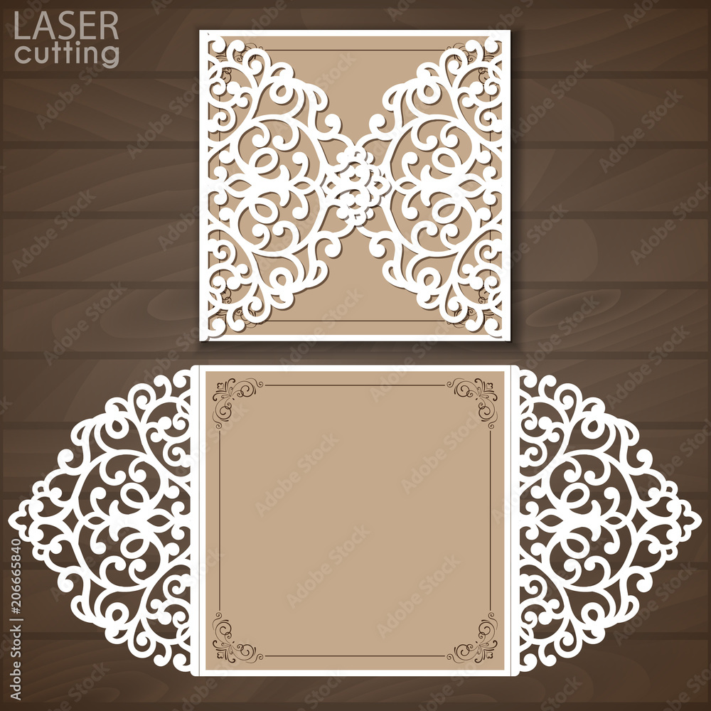 Laser cut wedding invitation template vector. Cutout paper gate fold ...