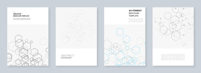 Minimal brochure templates with hexagons and lines on white. Hexagon infographic. Digital technology, science or medical concept.Templates for flyer, leaflet, brochure, report, presentation.