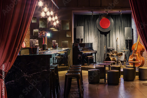 Modern Jazz Bar Interior Design Stage With Black Piano And