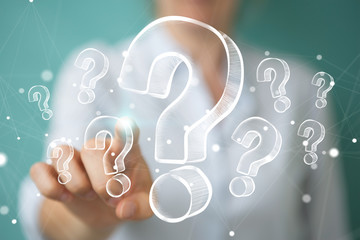 Fototapete - Businesswoman touching and holding hand drawn question marks