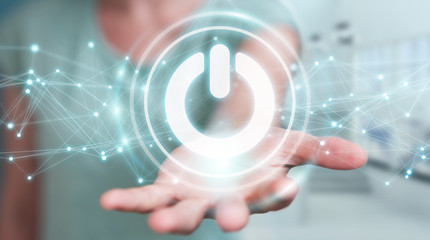Poster - Businessman using 3D render power button with connections