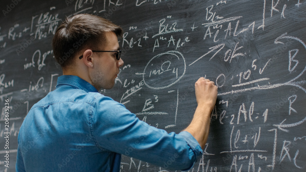 Person Writing Math Brilliant Young Mathematician Approaches Big Blackboard and Finishes ...