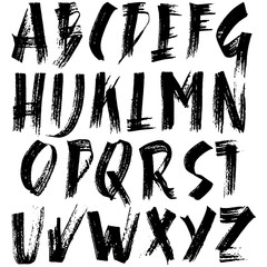 Grunge distress font. Modern dry brush ink letters. Handwritten alphabet. Vector illustration.