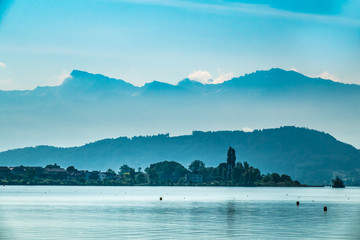 Wall Mural - Foggy morning landscape on the shores of the Obersee (Upper Lake Zurich) , Switzerland