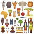 African culture vector characters in traditional clothing in Africa with ethnic tribal mask or drums in safari travel wildlife with animals in savanna set illustration isolated on white background