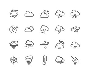 simple set of weather related vector line icons. contains such icons as wind, blizzard, sun, rain an
