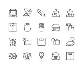 simple set of weight related vector line icons. contains such icons as scales, feather, balance and 