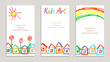 Set of wax crayon kid`s drawn colorful cards with hand drawing flowers, rainbow, sun, houses, letters on white. Hand drawn art background. Like child`s painting pastel chalk design elements, vector