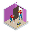 Isometric handymans installing a white door with an electric hand drill in a room. Construction building industry, new home, construction interior. Vector illustration