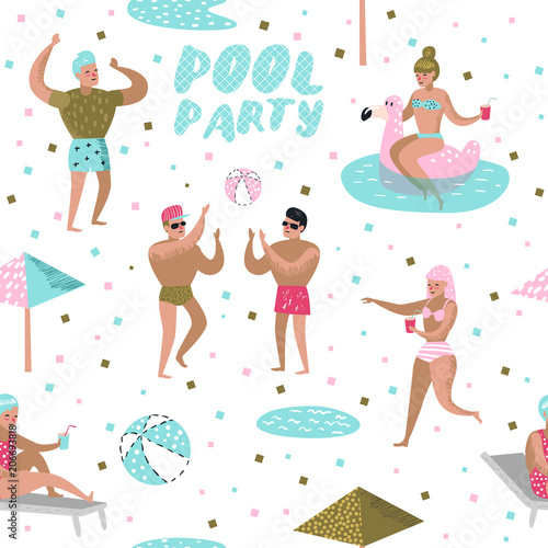 Stoffe zum Nähen Pool Party Seamless Pattern. Zeichen Menschen schwimmen, relaxen, viel Spaß im Pool. Sommer Ferien für Wallpaper Hintergrund. Vektor-illustration